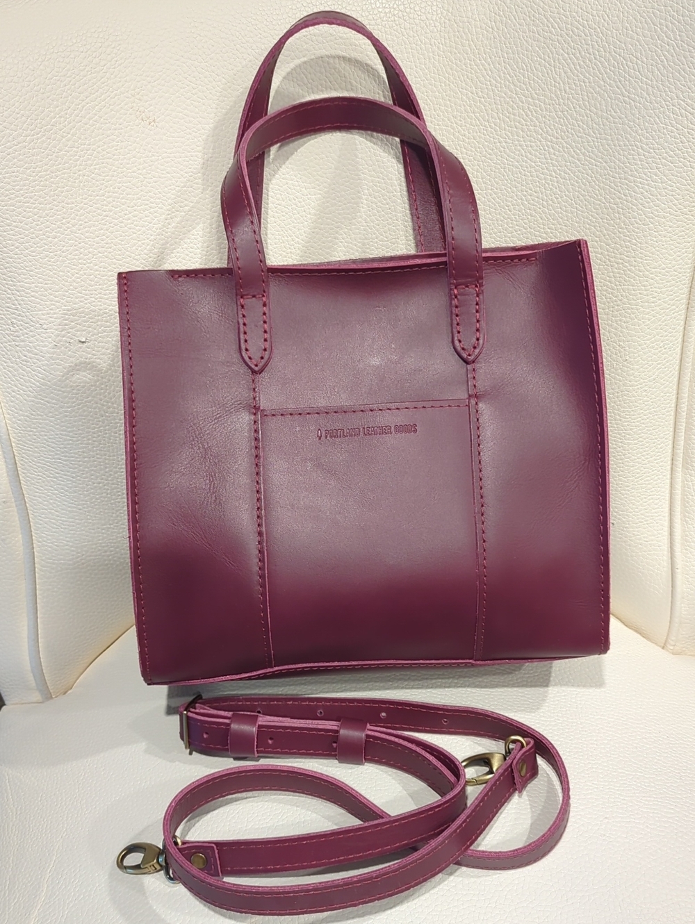 Compact Plum Leather Shoulder Tote with Removable Strap